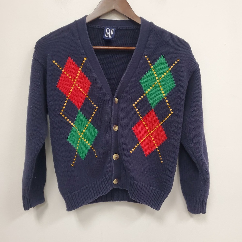 Vintage Gap Mens Chunky Argyle Button Cardigan Sweater Size L Academia Preppy